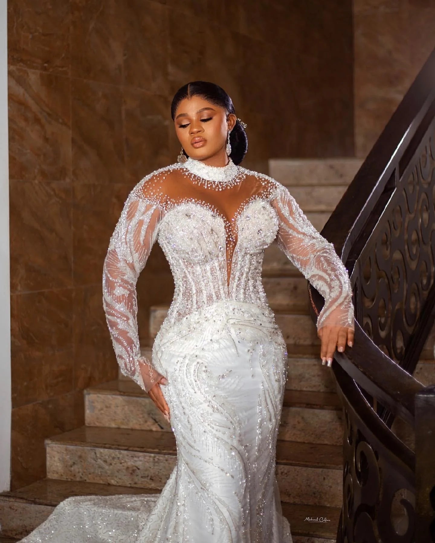 Arabic Mermaid Wedding Dress – Beaded Crystal Lace Gown