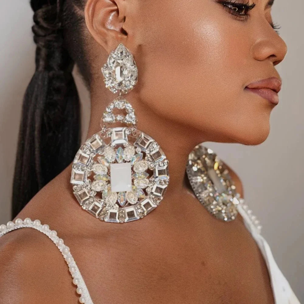 Luxury Oversized Round Dangle Earrings – Exaggerated Pendant Drag Queen & Bridal Jewelry for Women