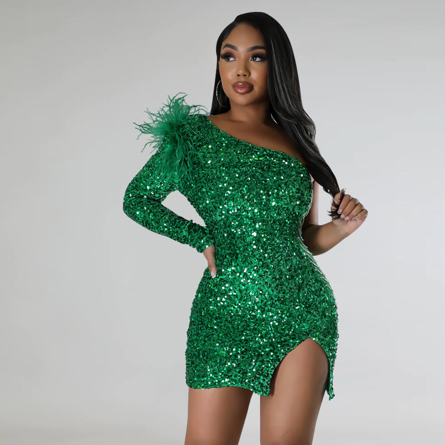 One-Shoulder Feather Sleeve Sequin Bodycon Midi Dress – Elegant Party & Cocktail Dress for Women