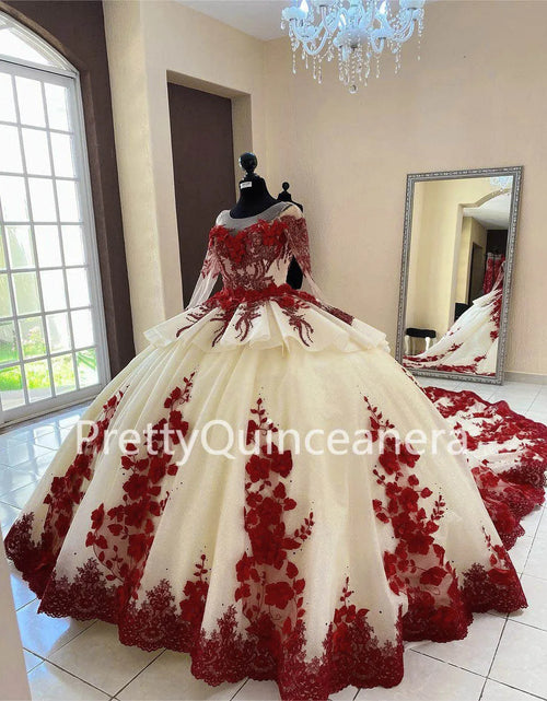 Load image into Gallery viewer, Regal Bloom: Champagne &amp; Red Tiered Quinceañera Ball Gown with 3D Flowers and Train
