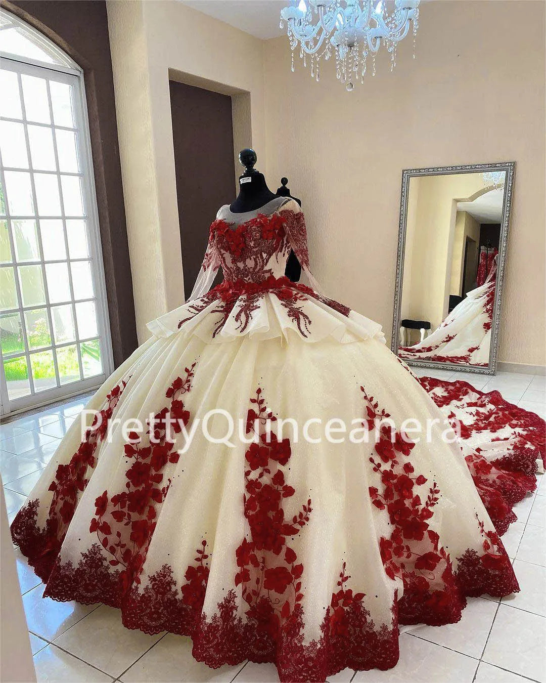 Regal Bloom: Champagne & Red Tiered Quinceañera Ball Gown with 3D Flowers and Train