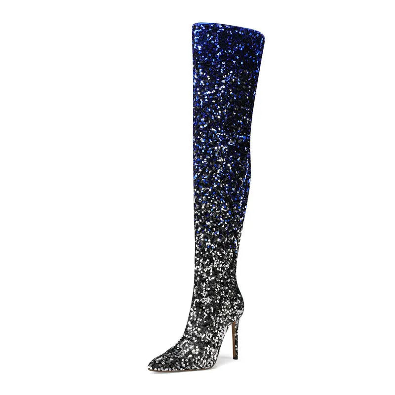 Shimmer & Stride: Gradient Sequin Over-the-Knee Boots with 11CM Heels