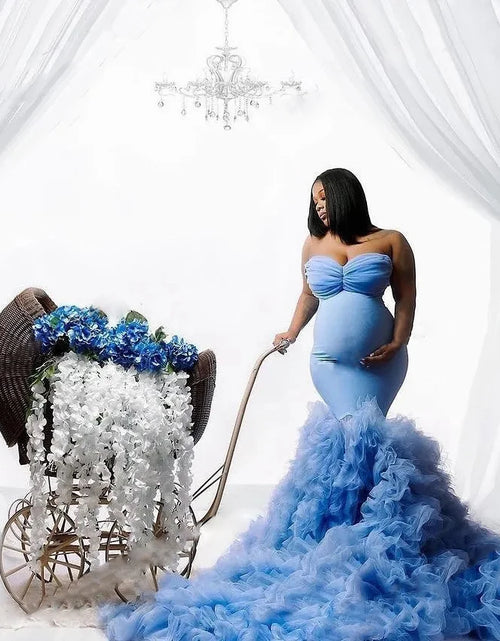 Load image into Gallery viewer, Ethereal Blue Sweetheart Maternity Gown with Ruffles &amp; Train
