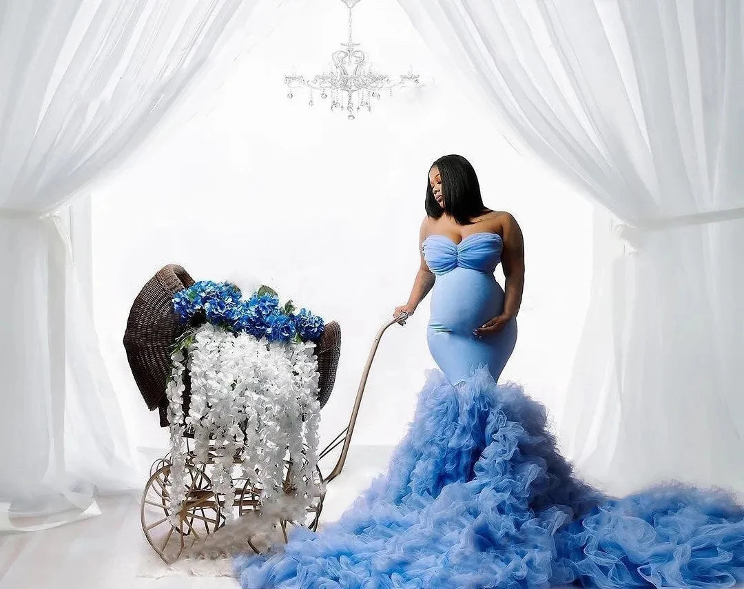 Ethereal Blue Sweetheart Maternity Gown with Ruffles & Train