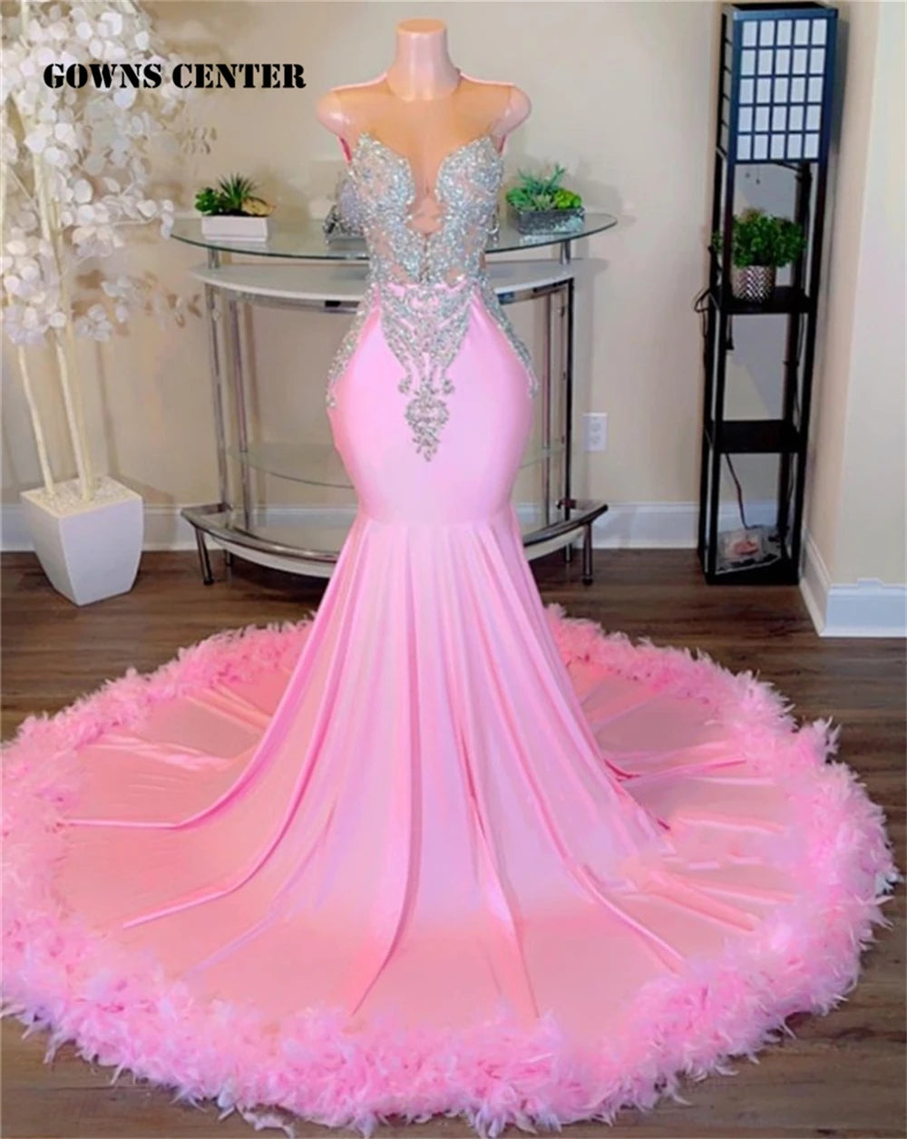 Pink Luxe: Sweety Feathered Mermaid Gown with Silver Crystals