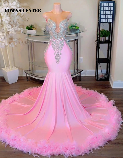 Load image into Gallery viewer, Pink Luxe: Sweety Feathered Mermaid Gown with Silver Crystals
