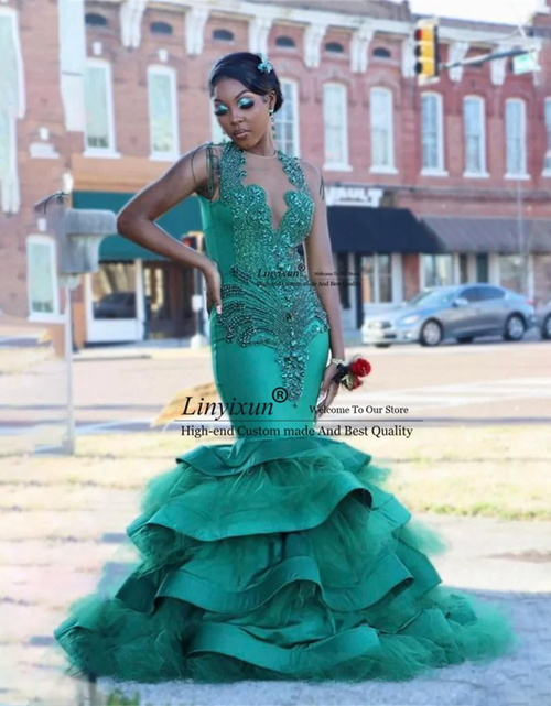 Load image into Gallery viewer, Emerald Spark: Custom Green Diamond Ruffle Prom Gown
