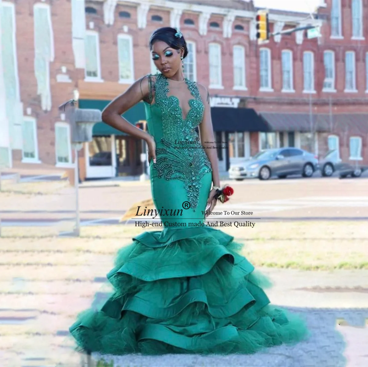 Emerald Spark: Custom Green Diamond Ruffle Prom Gown