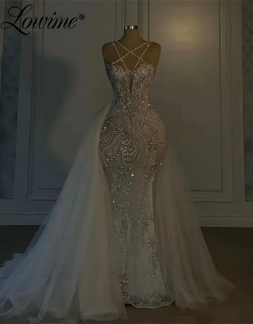 Load image into Gallery viewer, Ivory White Spaghetti Strap Wedding Dress – Pearl &amp; Crystal Beaded Mermaid Bridal Gown
