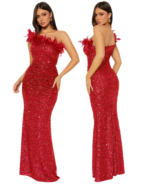 Load image into Gallery viewer, Dazzling Sequined Backless Maxi Dress with Feather &amp; Bead Detailing – Perfect for Birthday Party
