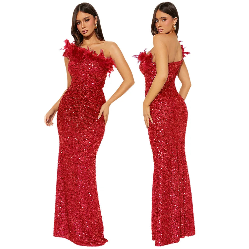 Dazzling Sequined Backless Maxi Dress with Feather & Bead Detailing – Perfect for Birthday Party