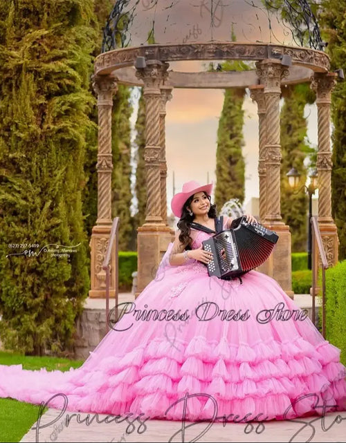 Load image into Gallery viewer, Mexican Elegance: Lace Applique Quinceañera Ball Gown with Beaded Sleeves and Corset
