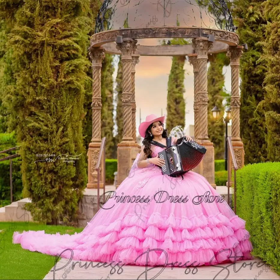 Mexican Elegance: Lace Applique Quinceañera Ball Gown with Beaded Sleeves and Corset