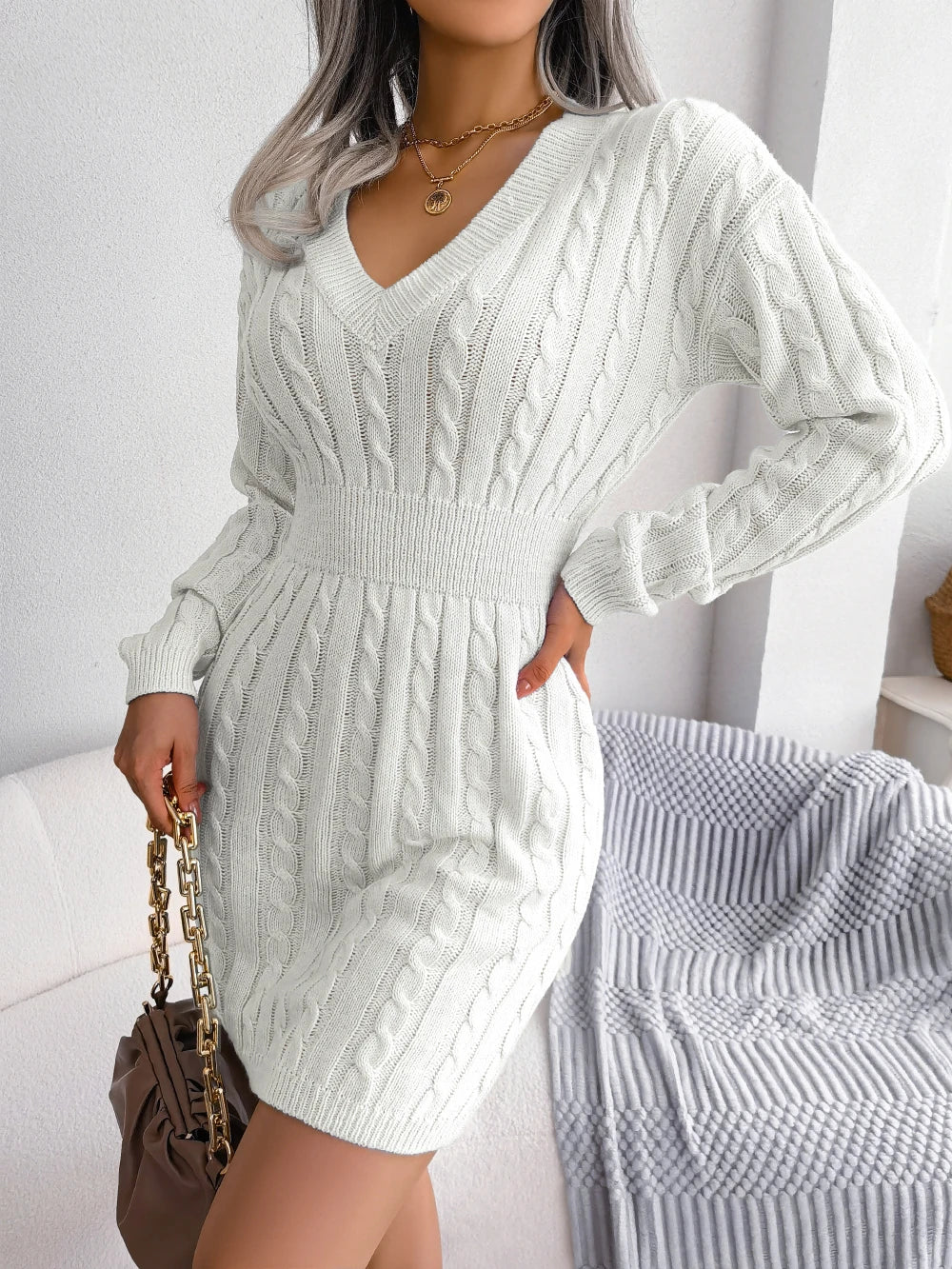 Cozy Knitted Sweater Dress for Women – Slim Waist, Long Sleeve Knitwear for Autumn & Winter