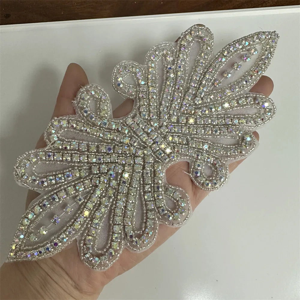 AB Silver Rhinestone Flower Applique – Elegant Iron-On/Sew-On Decoration for Wedding Dresses & Clothes