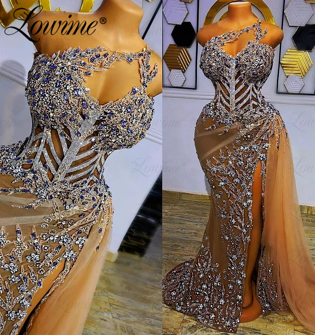 Luxury See-Through Crystal Beaded Evening Gown – High-Slit Customized Party Dress for Weddings