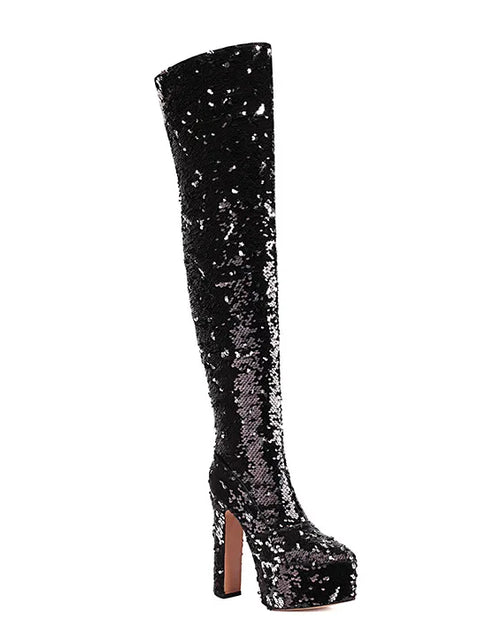 Load image into Gallery viewer, Showstopper: Sequin Over-the-Knee Platform Boots with High Heels
