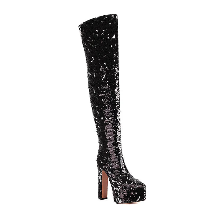 Showstopper: Sequin Over-the-Knee Platform Boots with High Heels