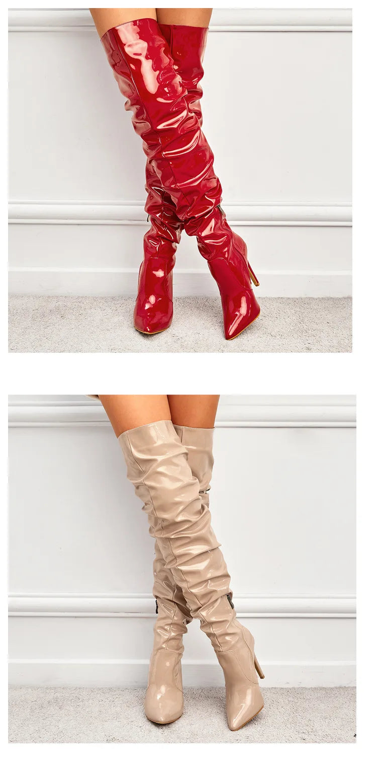 Command Attention: High-Heeled Patent Leather Thigh-High Boots