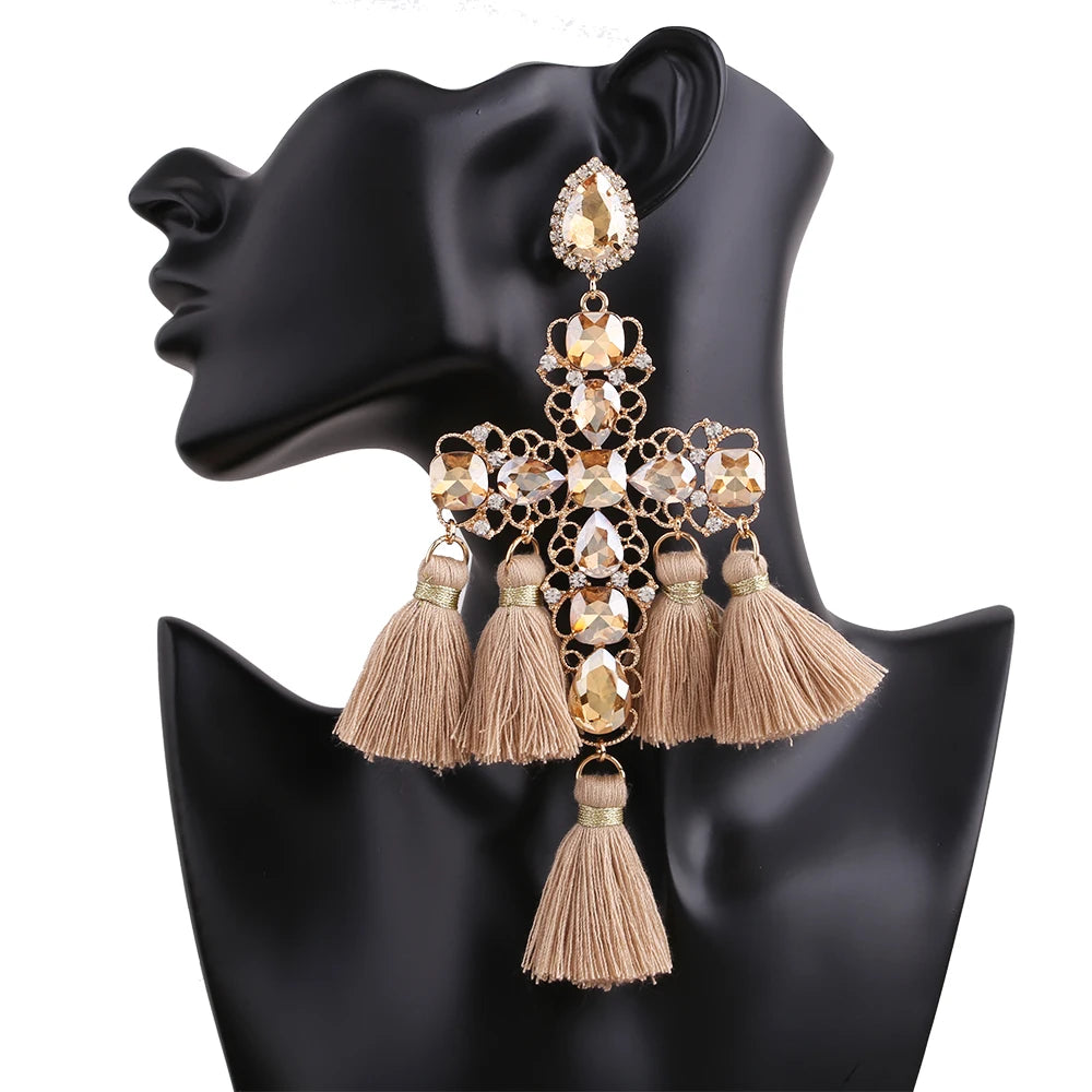 Statement Rhinestone Tassel Drop Earrings – Crystal Dangle Jewelry for Women