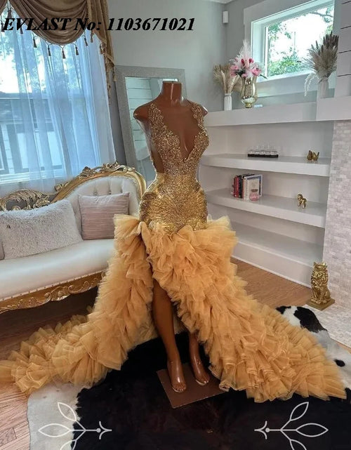 Load image into Gallery viewer, Gold Sparkle Mermaid Prom Dress – Beaded Ruffles Skirt Evening Gown
