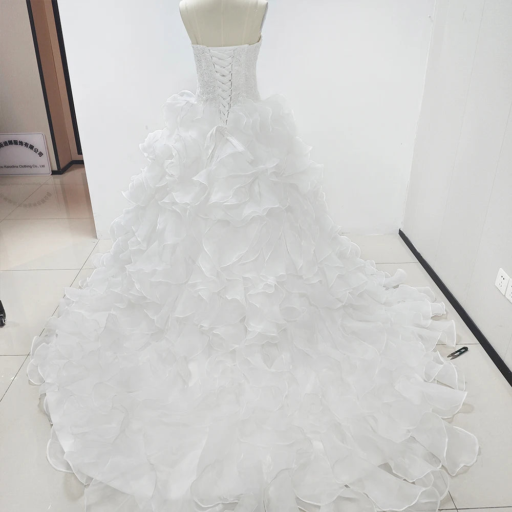 White Ball Gown Sleeveless Sweetheart Wedding Dress with Royal Train, Organza, Lace-Up Back & Crystal Applique – Robe De Mariée