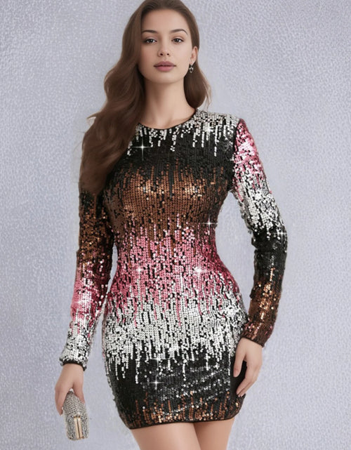 Load image into Gallery viewer, Sexy vintage sequin mini summer dress women elegant club birthday party short dresses luxury long sleeve evening dresses
