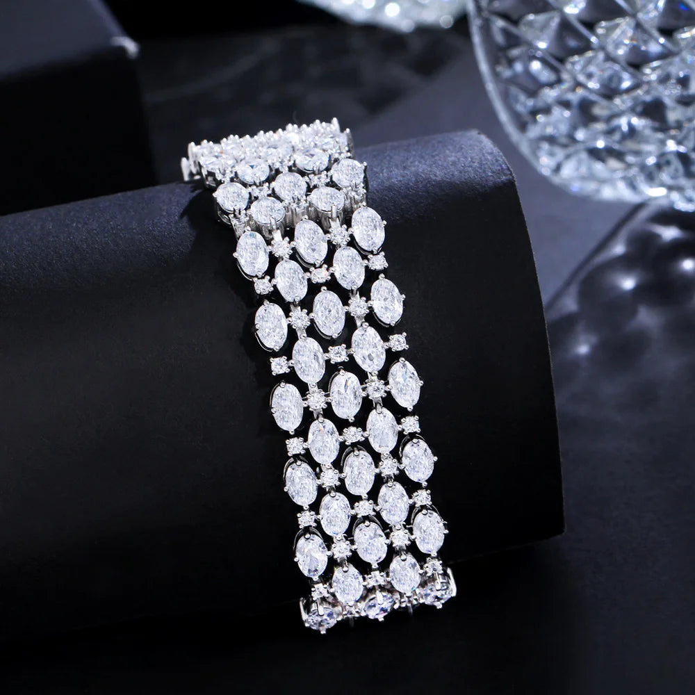 Luxury Sparkly Cubic Zirconia Wide Bridal Bracelet – Elegant Silver Statement Jewelry