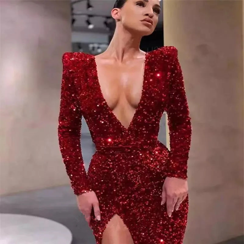 European & American Deep V Slim-Fit Sequined Split Dress – Long Sleeve Glamour for Women"