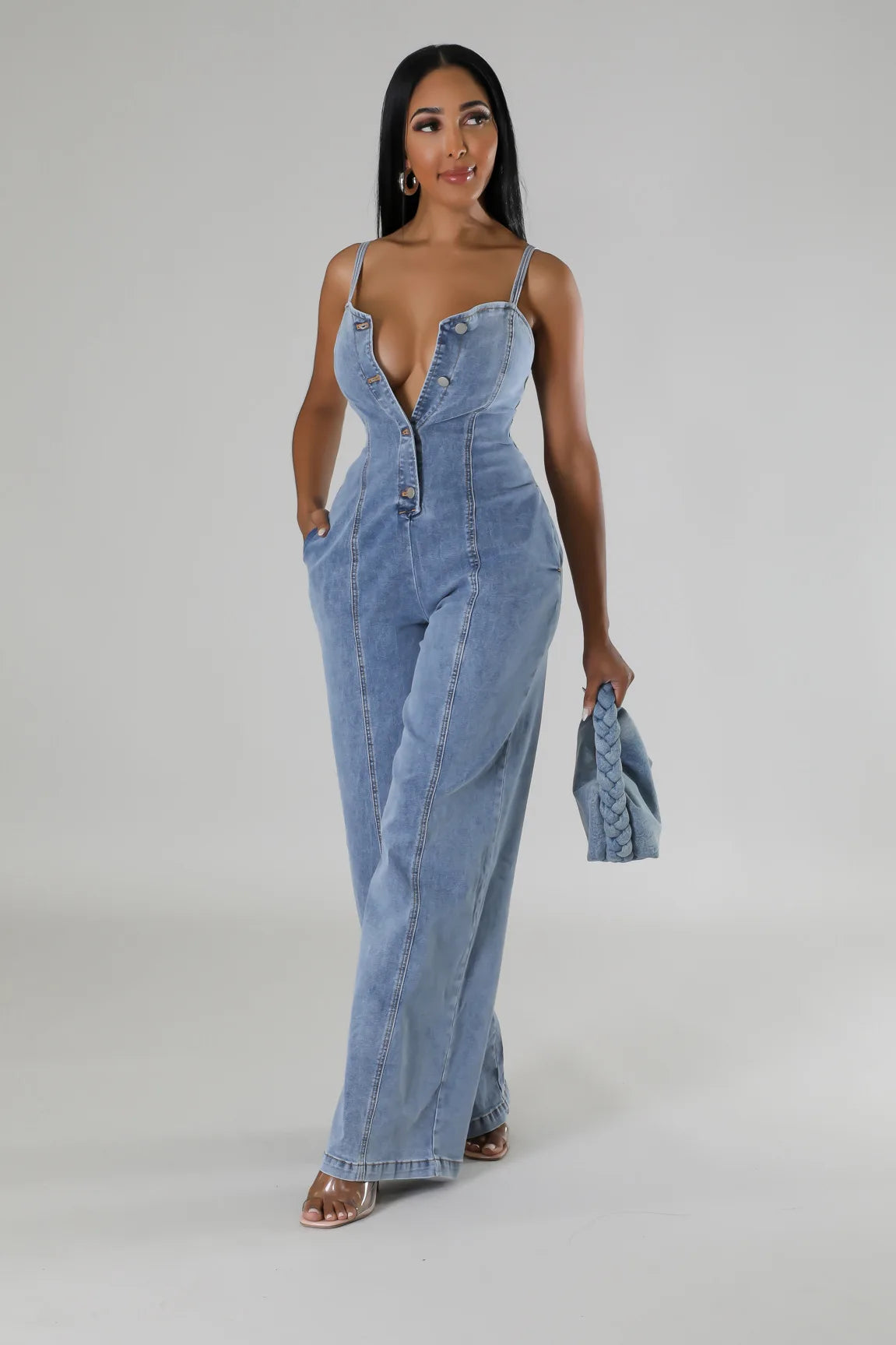 Sexy Denim Spaghetti Strap Jumpsuit – Patchwork Wide-Leg Romper for Women