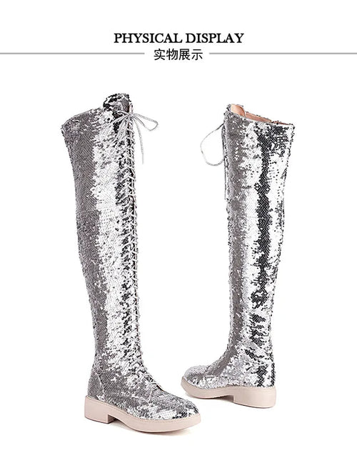 Load image into Gallery viewer, Dazzling Heights: Shiny Sequined Over-the-Knee Boots with Thick Heels
