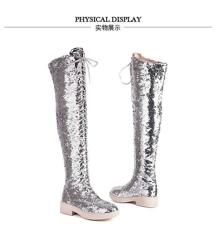 Dazzling Heights: Shiny Sequined Over-the-Knee Boots with Thick Heels