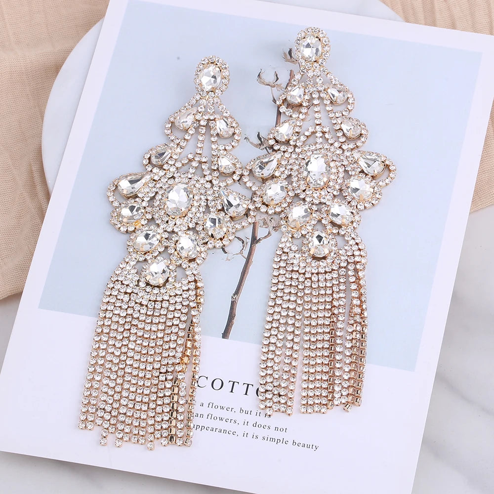 Statement Rhinestone Tassel Drop Earrings – Crystal Dangle Jewelry for Women