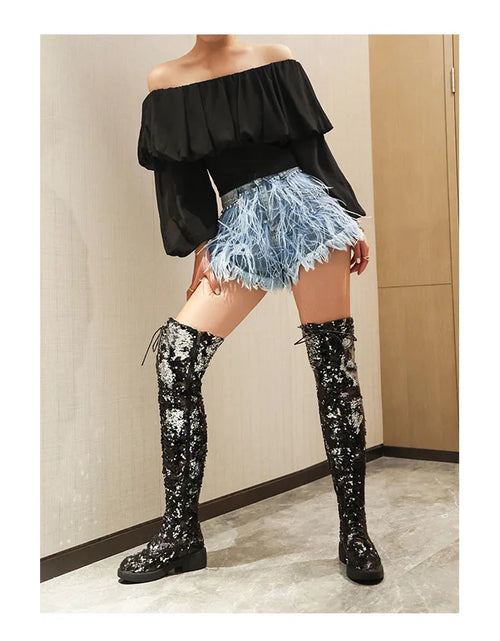 Load image into Gallery viewer, Dazzling Heights: Shiny Sequined Over-the-Knee Boots with Thick Heels
