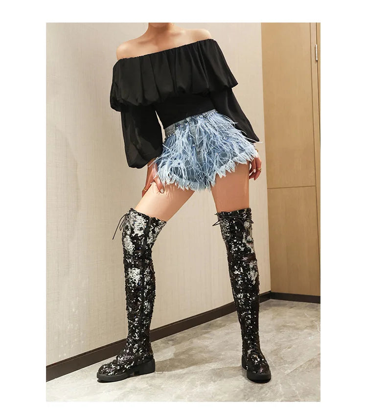 Dazzling Heights: Shiny Sequined Over-the-Knee Boots with Thick Heels