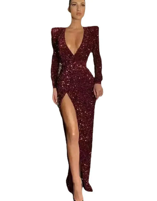 Load image into Gallery viewer, European &amp; American Deep V Slim-Fit Sequined Split Dress – Long Sleeve Glamour for Women&quot;
