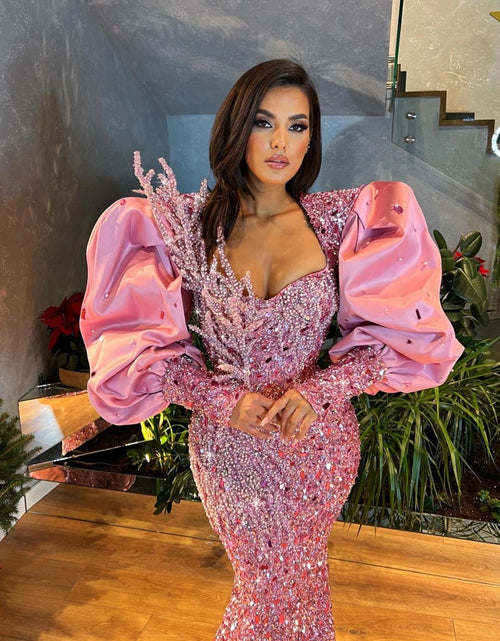 Load image into Gallery viewer, Sparkling Pink Mermaid Evening Gown with Puff Sleeves – Custom Crystal Sequin Prom Dress
