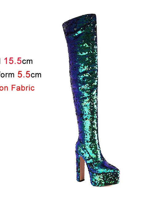 Load image into Gallery viewer, Showstopper: Sequin Over-the-Knee Platform Boots with High Heels
