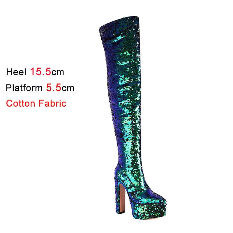 Showstopper: Sequin Over-the-Knee Platform Boots with High Heels