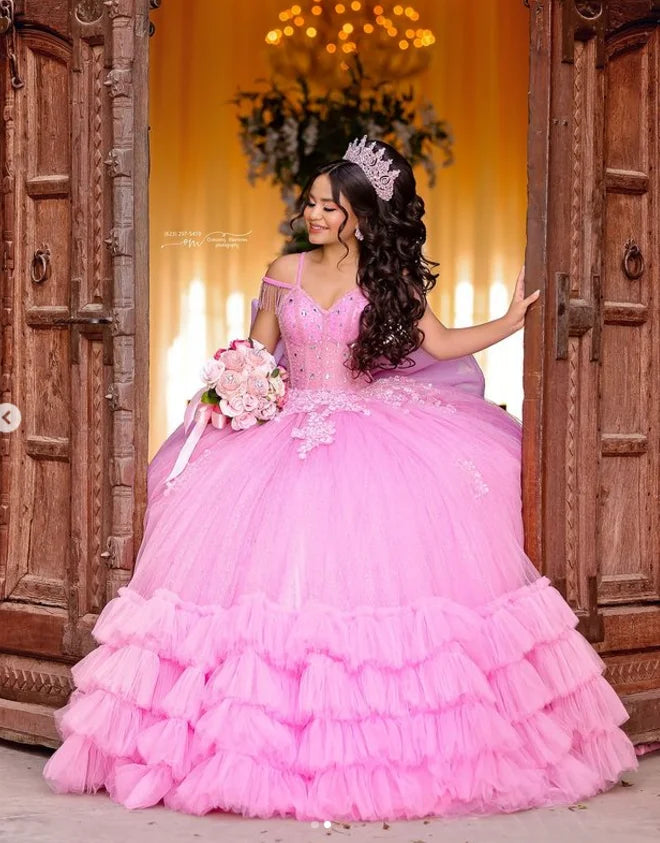 Mexican Elegance: Lace Applique Quinceañera Ball Gown with Beaded Sleeves and Corset