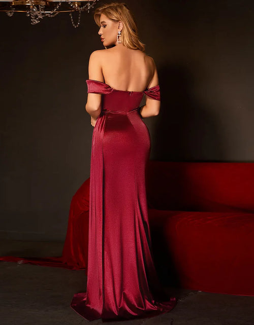 Load image into Gallery viewer, Luxury Off-Shoulder Satin Mermaid Evening Dress with Side Slit &amp; Backless Detail
