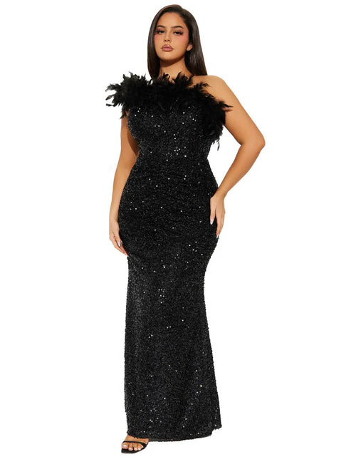 Load image into Gallery viewer, Dazzling Sequined Backless Maxi Dress with Feather &amp; Bead Detailing – Perfect for Birthday Party
