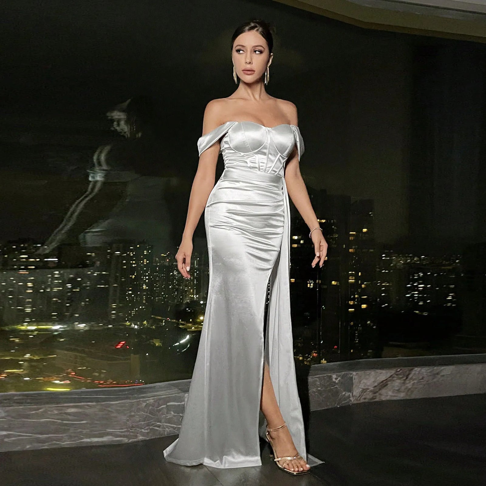 Luxury Off-Shoulder Satin Mermaid Evening Dress with Side Slit & Backless Detail