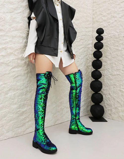 Load image into Gallery viewer, Dazzling Heights: Shiny Sequined Over-the-Knee Boots with Thick Heels
