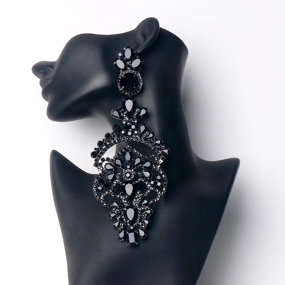 Exaggerated Black Crystal Statement Earrings – Oversized Rhinestone Dangle Prom Jewelry for Women