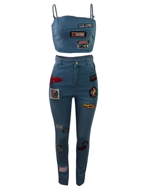 Load image into Gallery viewer, Sexy Denim Two-Piece Set – Women’s Crop Top and Pants Matching Outfit
