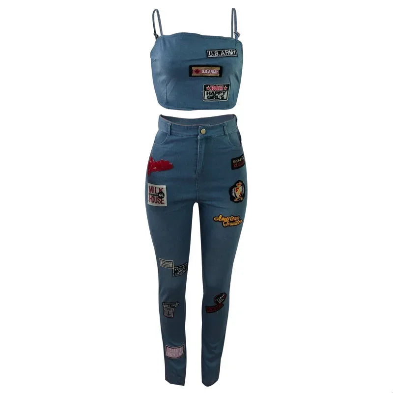 Sexy Denim Two-Piece Set – Women’s Crop Top and Pants Matching Outfit