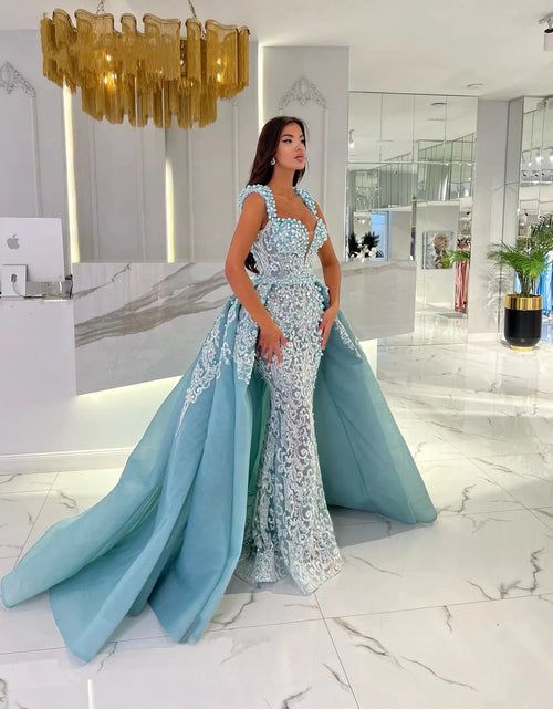 Load image into Gallery viewer, Luxury Pearl Beaded Evening Gown with Detachable Train – Custom Illusion Prom Dress
