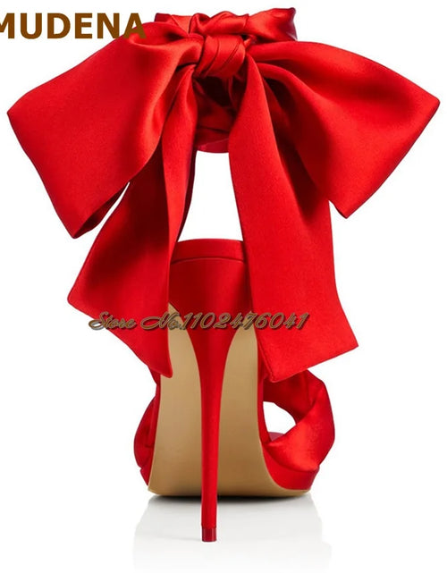 Load image into Gallery viewer, Satin Bowtie Sandals: Stiletto Heels with Silk Lace-up Elegance
