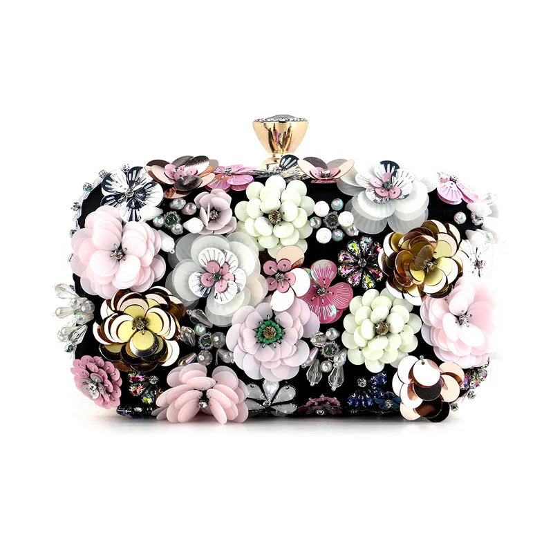 Luxury Floral Diamond Embroidered Clutch – Elegant Evening Handbag with Chain Strap